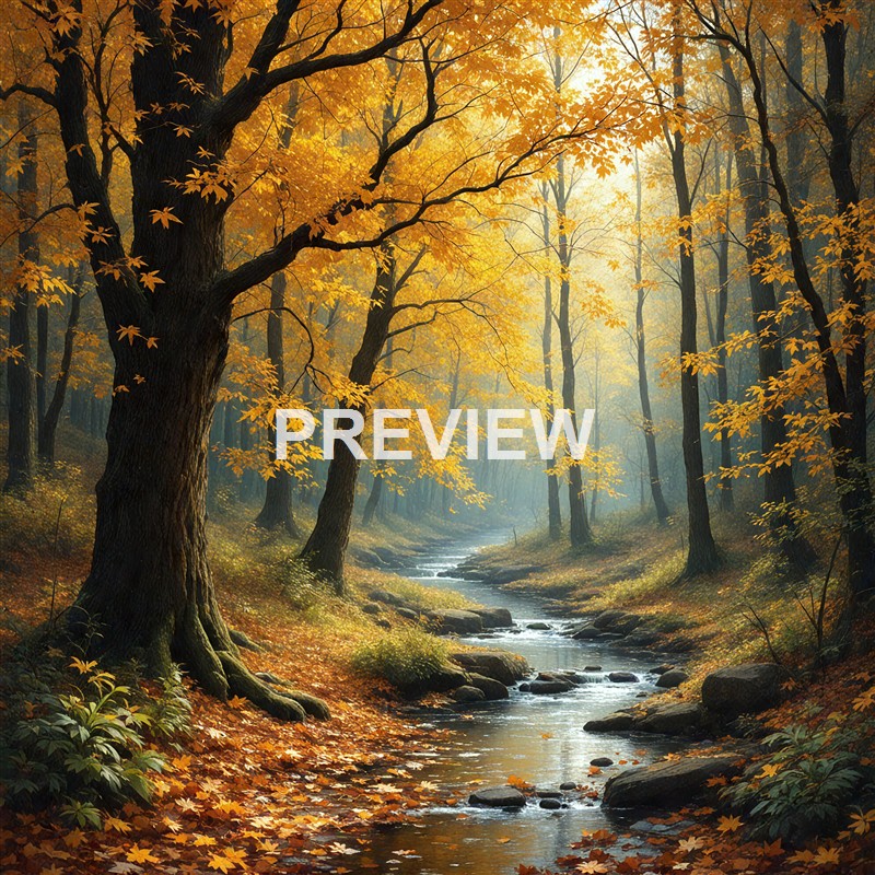 A serene autumn scene in a forest with tall trees with yellow leaves and a gentle stream flowing through the fallen leaves on the ground.